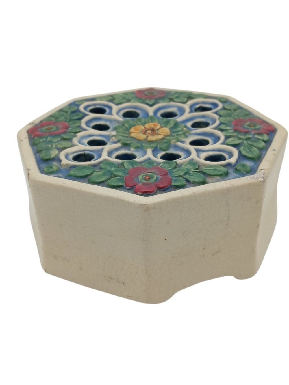 Weller Florala Style Octagon Flower Frog Vase Floral Pottery 5 In